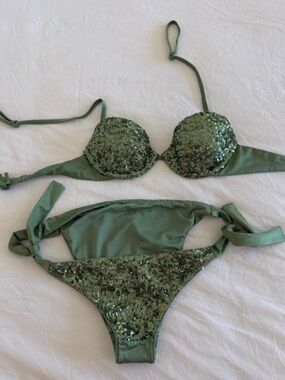 Sequin-Embellished Olive Green Women's Bikini Set